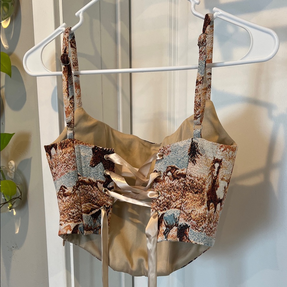 Women's Horse Print Crop Cami Top in Brown & Blue - Picture 4 of 5